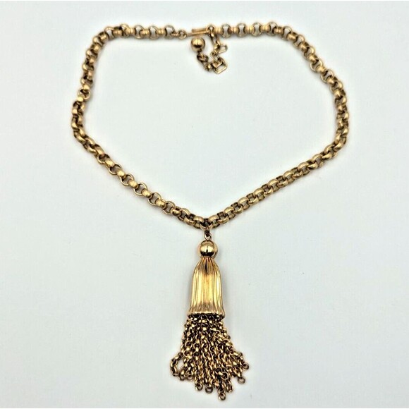 Vintage 1940s Trifari Gold Tone Collar Chain Necklace With Tassel 16" - Picture 3 of 15